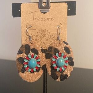 Leopard Print Earrings with Turquoise and Red Accents